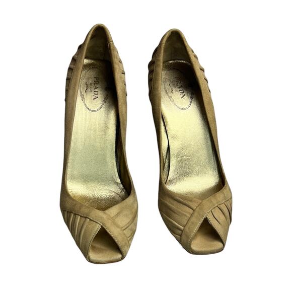 Prada Suede Peep Toe Heels Pleated Detail Neutral Tan | EU 37 - Picture 15 of 15